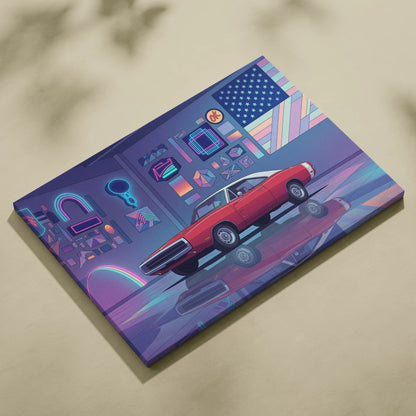Dodge Charger Inspired Red Purple Canvas Wall Art, Vaporwave Muscle Car Artwork, Neon Garage Decor, Retro Futuristic Classic Car Print