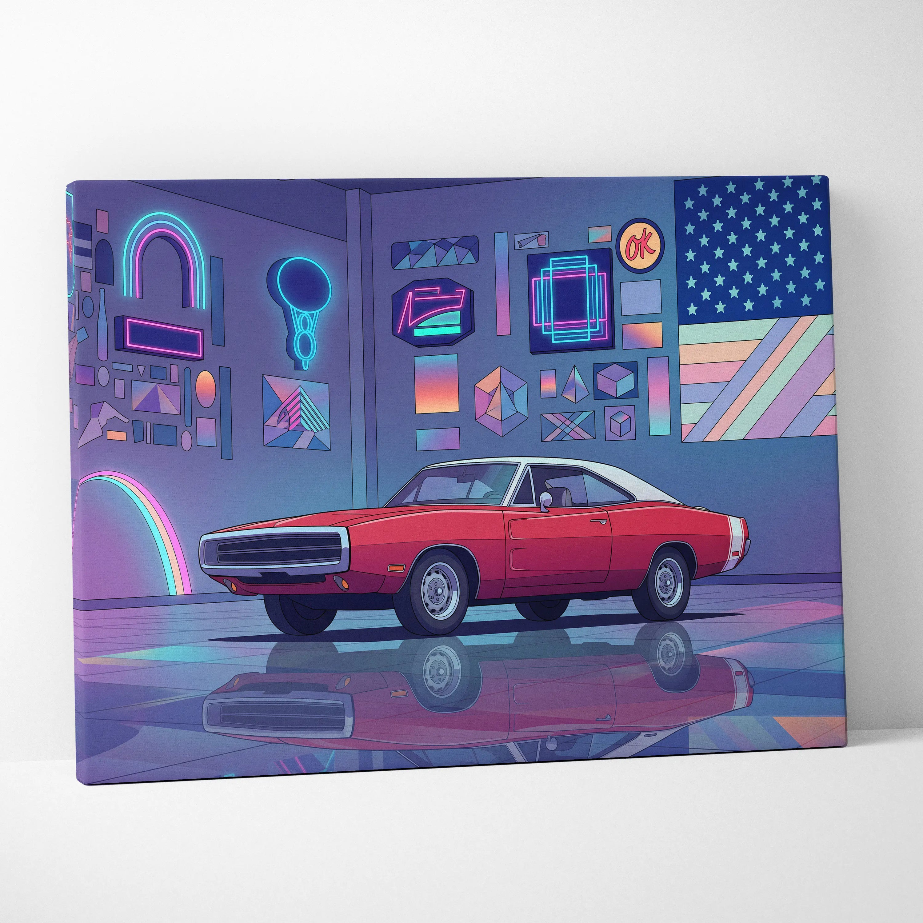 Dodge Charger Inspired Red Purple Canvas Wall Art, Vaporwave Muscle Car Artwork, Neon Garage Decor, Retro Futuristic Classic Car Print