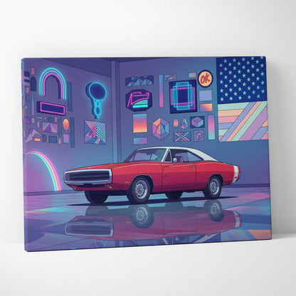 Dodge Charger Inspired Red Purple Canvas Wall Art, Vaporwave Muscle Car Artwork, Neon Garage Decor, Retro Futuristic Classic Car Print