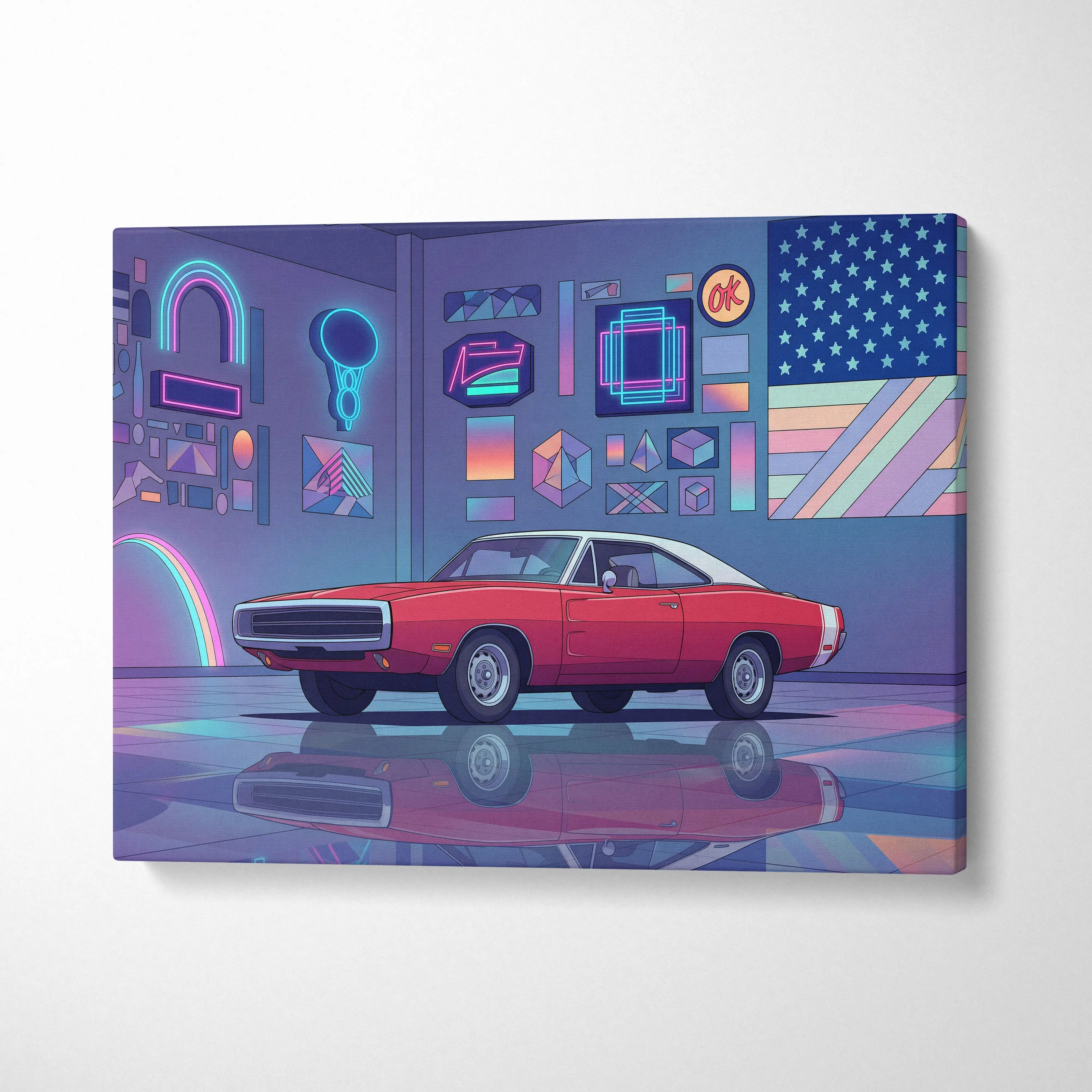 Dodge Charger Inspired Red Purple Canvas Wall Art, Vaporwave Muscle Car Artwork, Neon Garage Decor, Retro Futuristic Classic Car Print