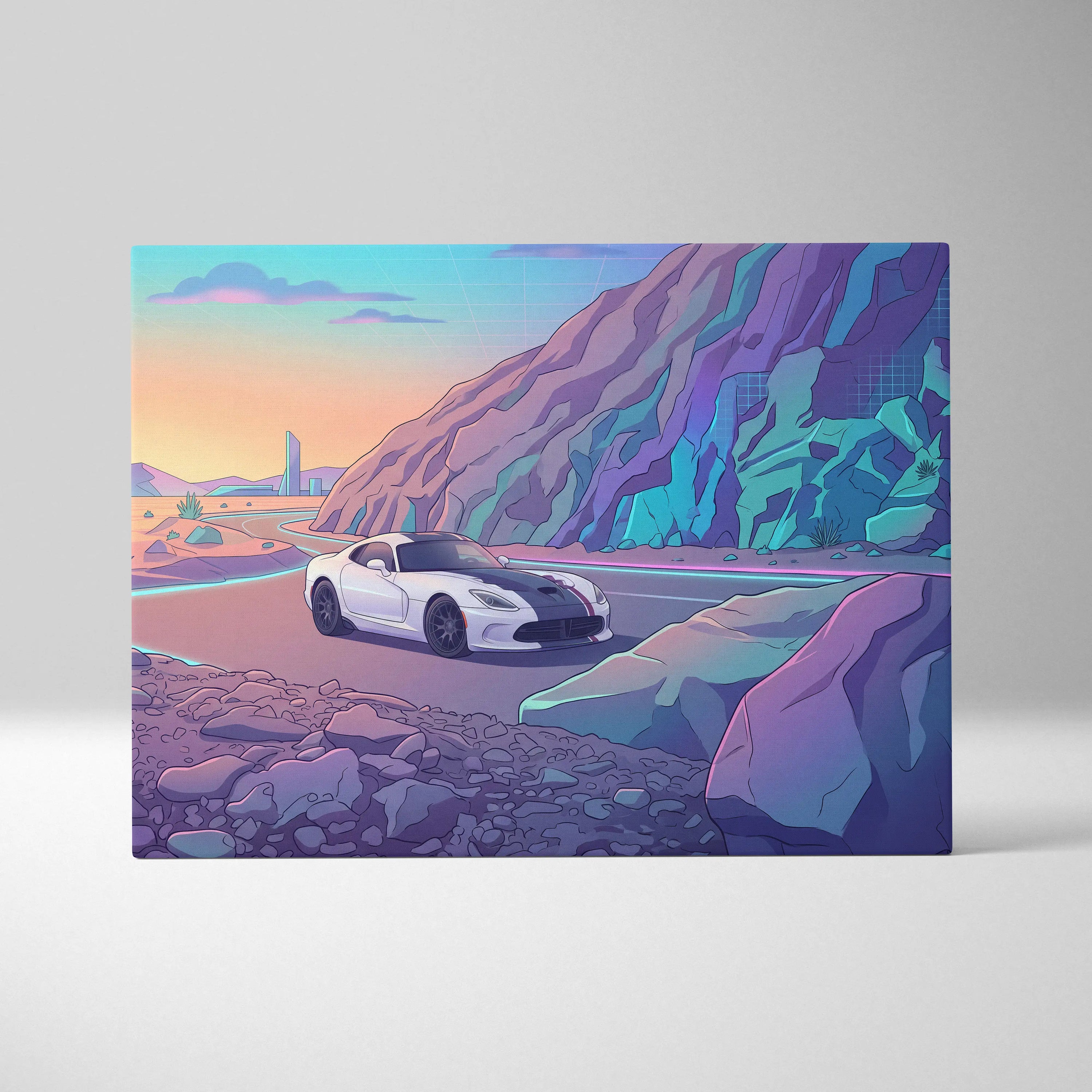 Dodge Viper ACR Inspired White Purple Canvas Wall Art, Vaporwave Mountain Road Artwork, Neon Desert Garage Decor, Retro Futuristic Print
