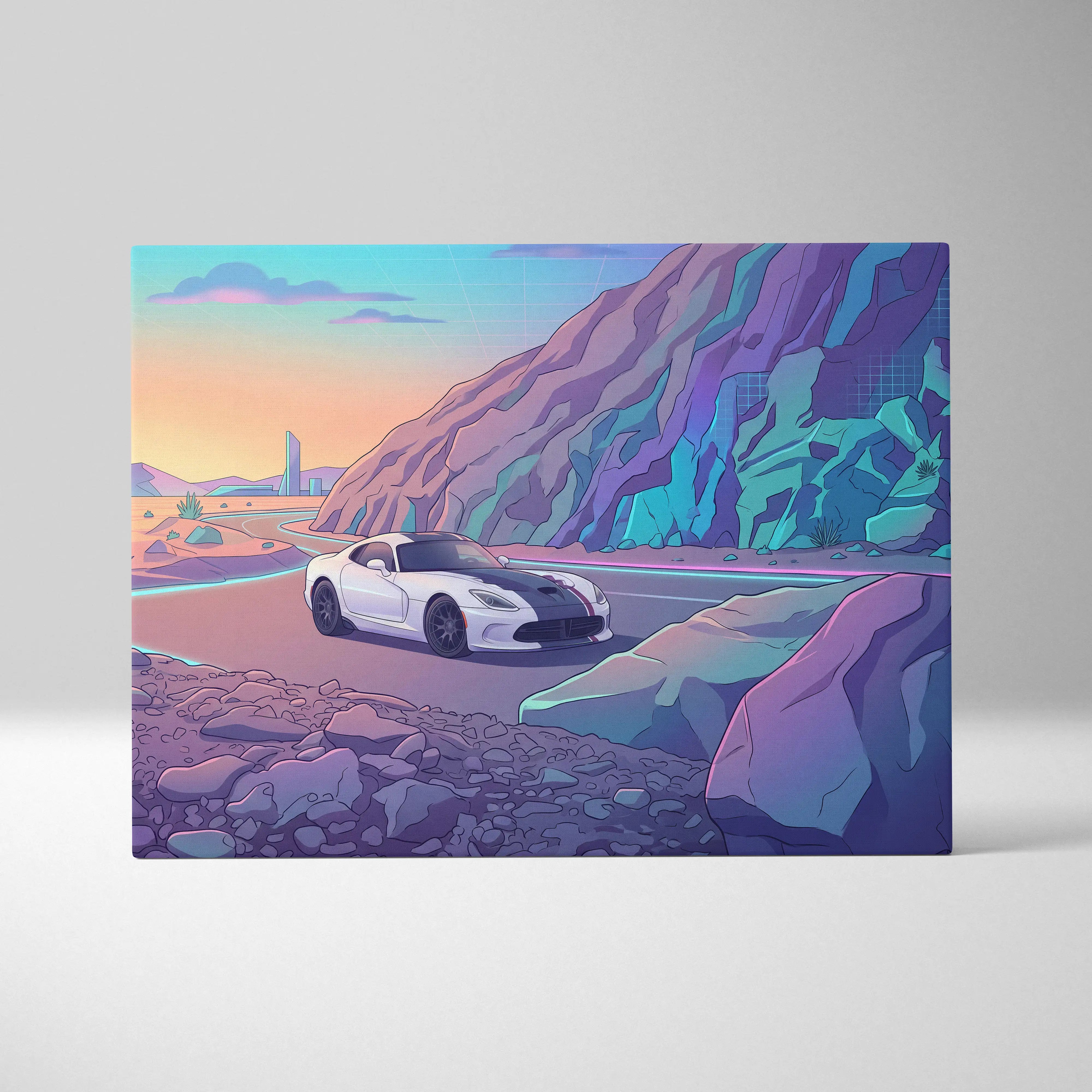 Dodge viper acr inspired white and black sports car on vibrant purple canvas wall art for retro futuristic decor