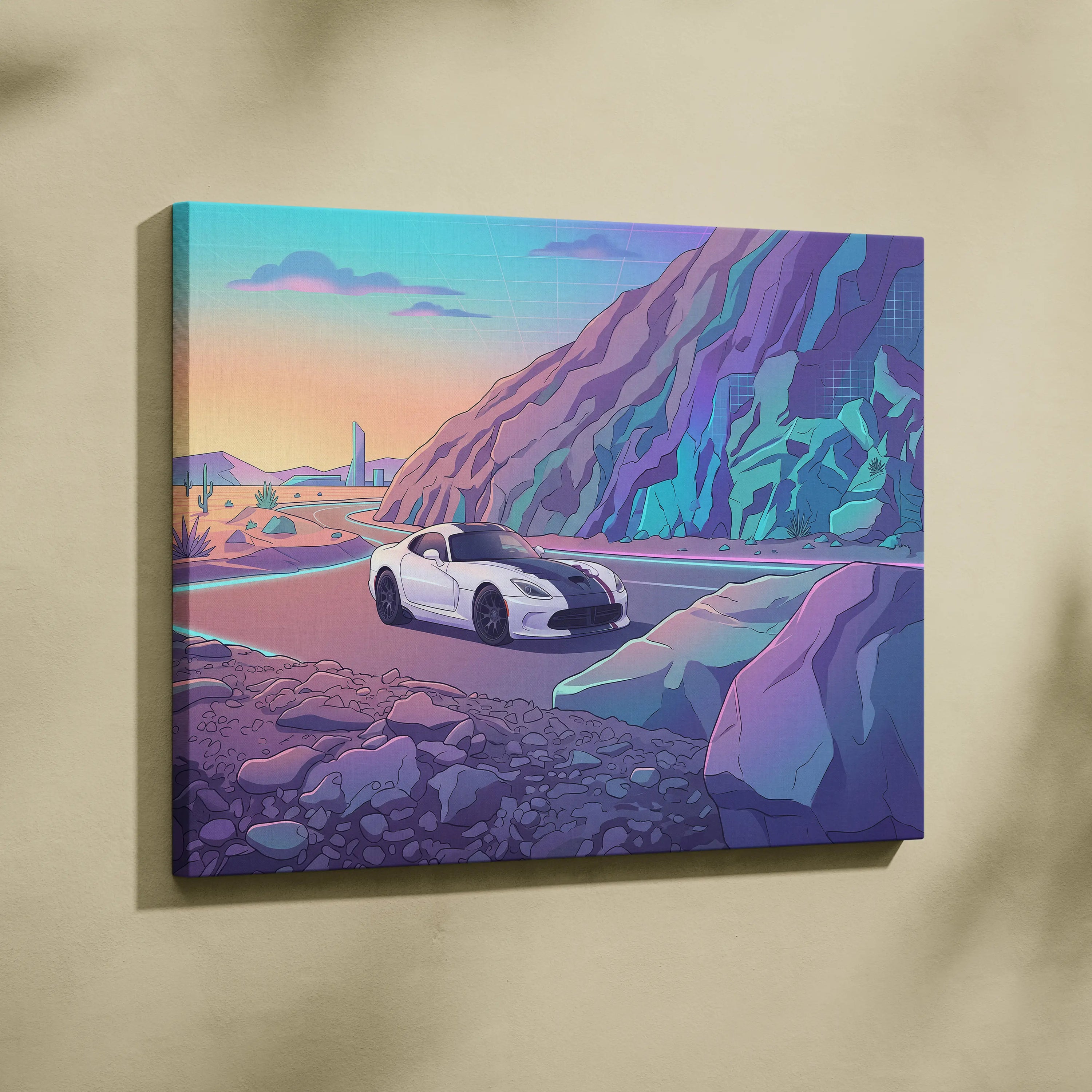 Dodge Viper ACR Inspired White Purple Canvas Wall Art, Vaporwave Mountain Road Artwork, Neon Desert Garage Decor, Retro Futuristic Print