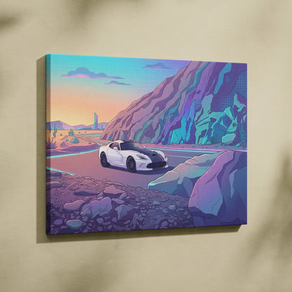Dodge Viper ACR Inspired White Purple Canvas Wall Art, Vaporwave Mountain Road Artwork, Neon Desert Garage Decor, Retro Futuristic Print