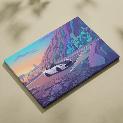 Dodge Viper ACR Inspired White Purple Canvas Wall Art, Vaporwave Mountain Road Artwork, Neon Desert Garage Decor, Retro Futuristic Print