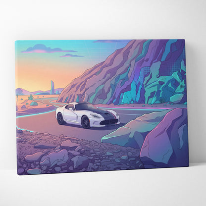 Dodge Viper ACR Inspired White Purple Canvas Wall Art, Vaporwave Mountain Road Artwork, Neon Desert Garage Decor, Retro Futuristic Print