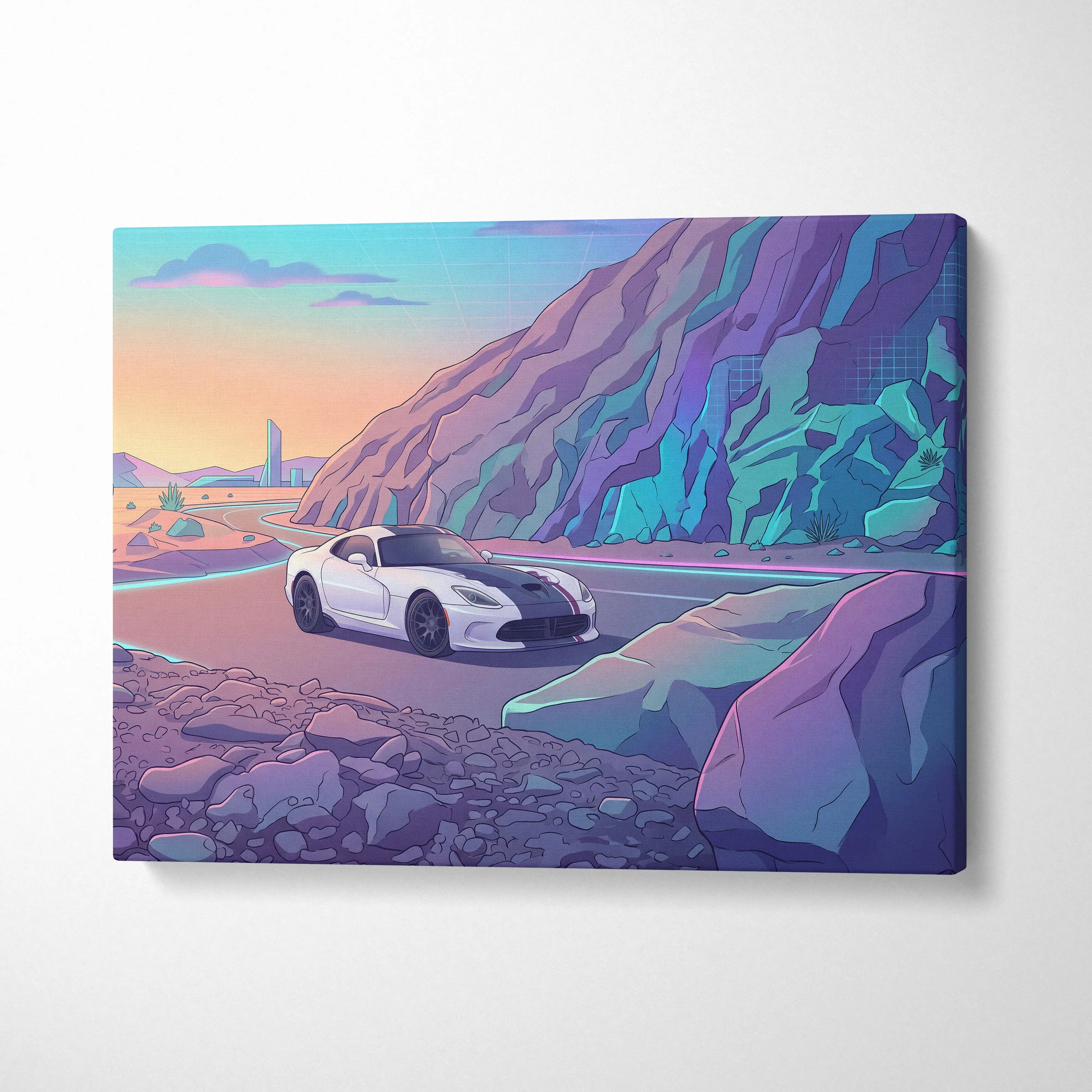 Dodge Viper ACR Inspired White Purple Canvas Wall Art, Vaporwave Mountain Road Artwork, Neon Desert Garage Decor, Retro Futuristic Print