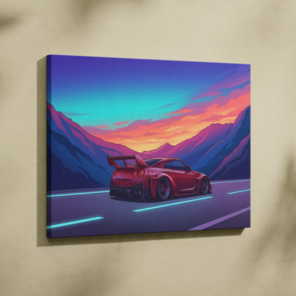 Nissan GT-R Inspired Red Blue Mountain Canvas Wall Art Vaporwave JDM Car Artwork, Neon Sunset Road Garage Decor Retro Futuristic Print