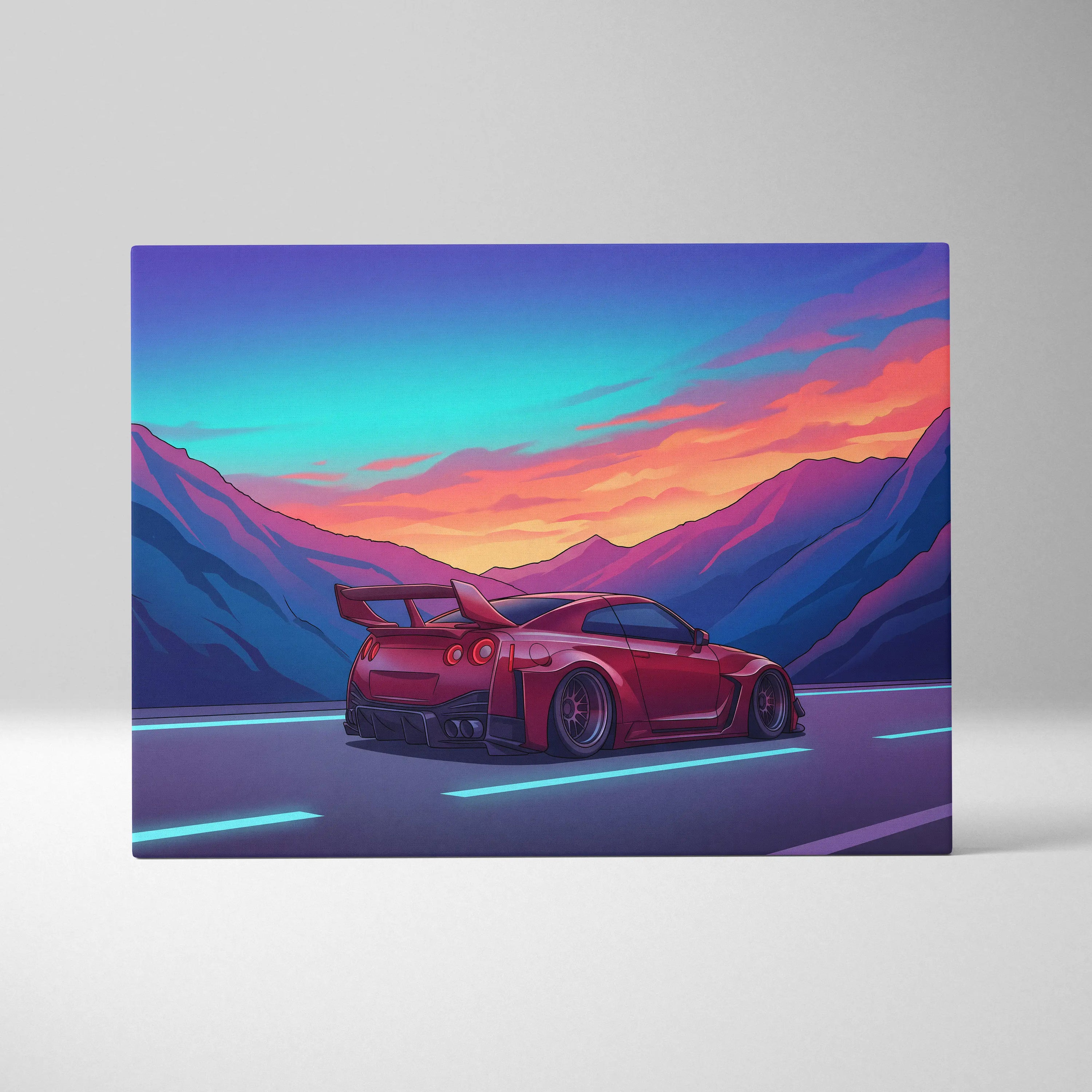 Nissan GT-R Inspired Red Blue Mountain Canvas Wall Art Vaporwave JDM Car Artwork, Neon Sunset Road Garage Decor Retro Futuristic Print