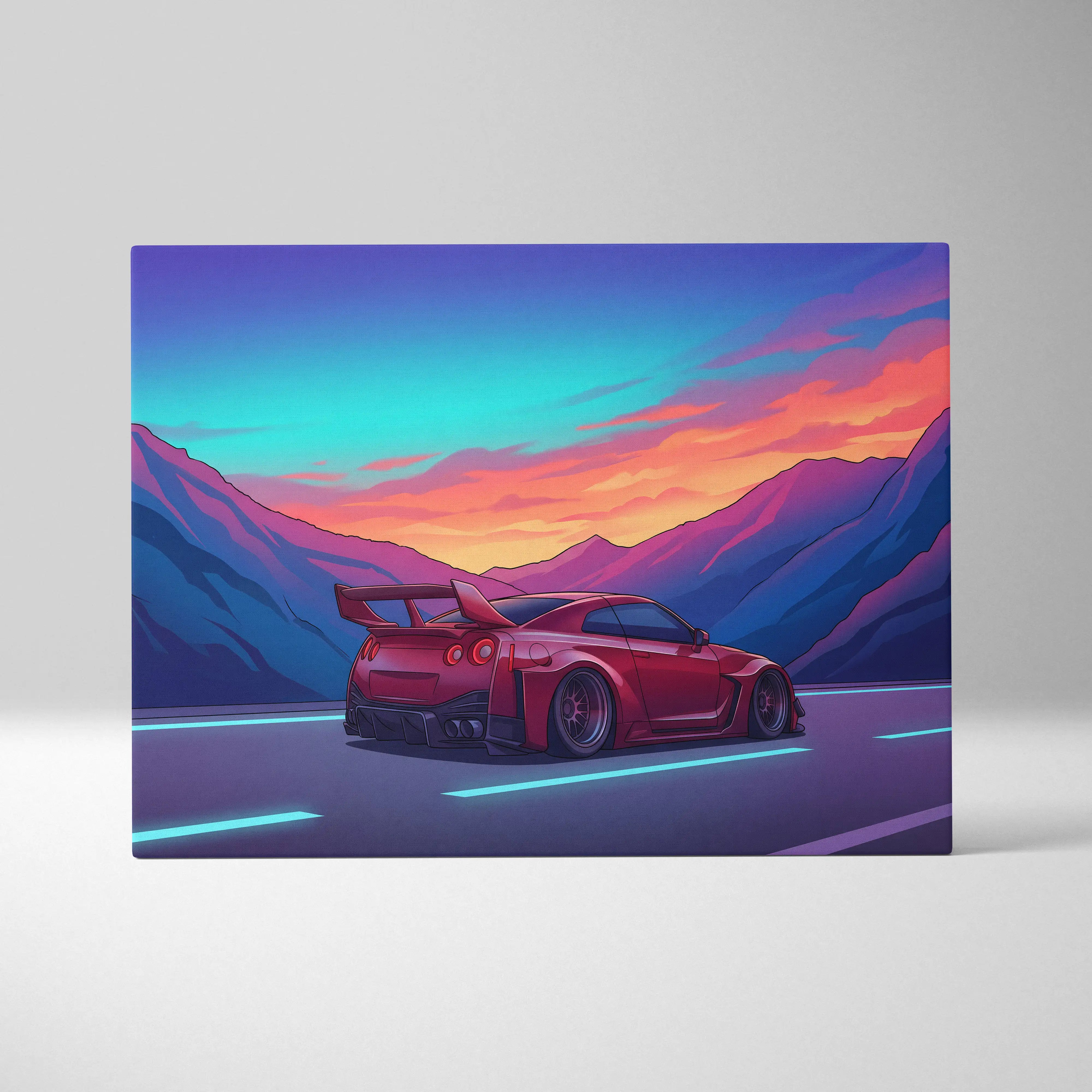 Nissan GT-R Inspired Red Blue Mountain Canvas Wall Art Vaporwave JDM Car Artwork, Neon Sunset Road Garage Decor Retro Futuristic Print