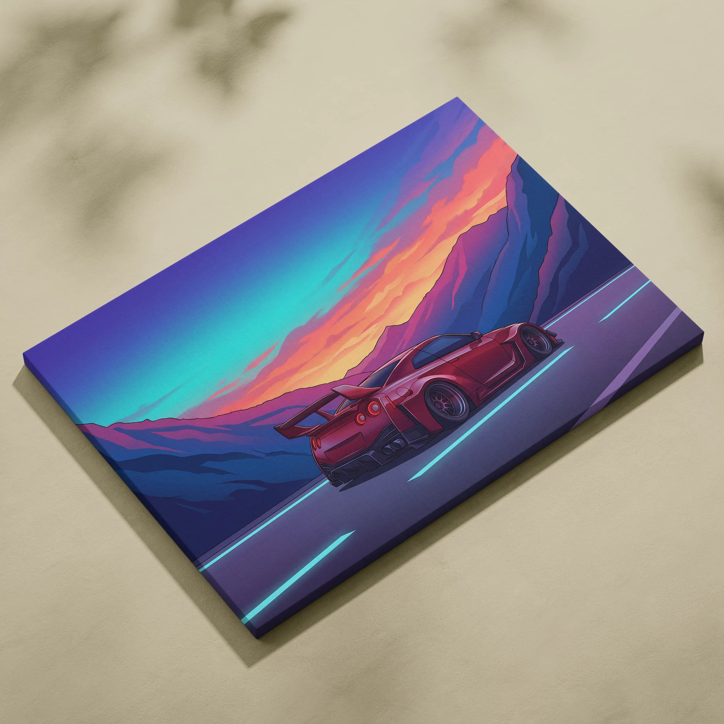 Nissan GT-R Inspired Red Blue Mountain Canvas Wall Art Vaporwave JDM Car Artwork, Neon Sunset Road Garage Decor Retro Futuristic Print