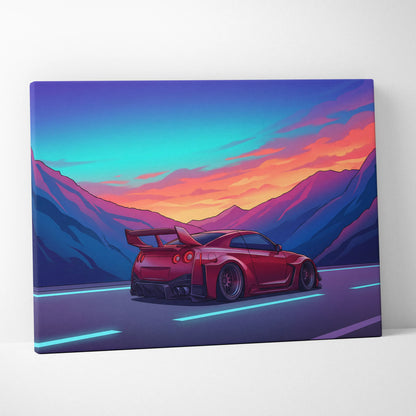 Nissan GT-R Inspired Red Blue Mountain Canvas Wall Art Vaporwave JDM Car Artwork, Neon Sunset Road Garage Decor Retro Futuristic Print
