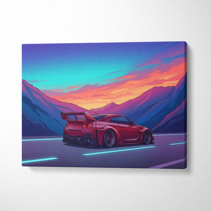 Nissan GT-R Inspired Red Blue Mountain Canvas Wall Art Vaporwave JDM Car Artwork, Neon Sunset Road Garage Decor Retro Futuristic Print