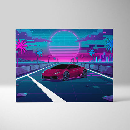 Lamborghini Huracan Inspired Red Teal Canvas Wall Art, Neon Vaporwave Supercar Artwork for Retro Futuristic Garage Decor