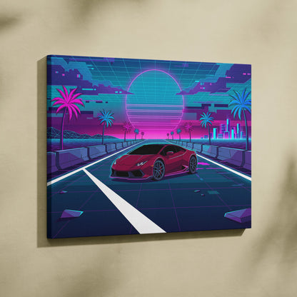 Lamborghini Huracan Inspired Red Teal Canvas Wall Art, Neon Vaporwave Supercar Artwork for Retro Futuristic Garage Decor