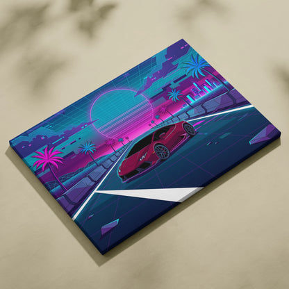 Lamborghini Huracan Inspired Red Teal Canvas Wall Art, Neon Vaporwave Supercar Artwork for Retro Futuristic Garage Decor