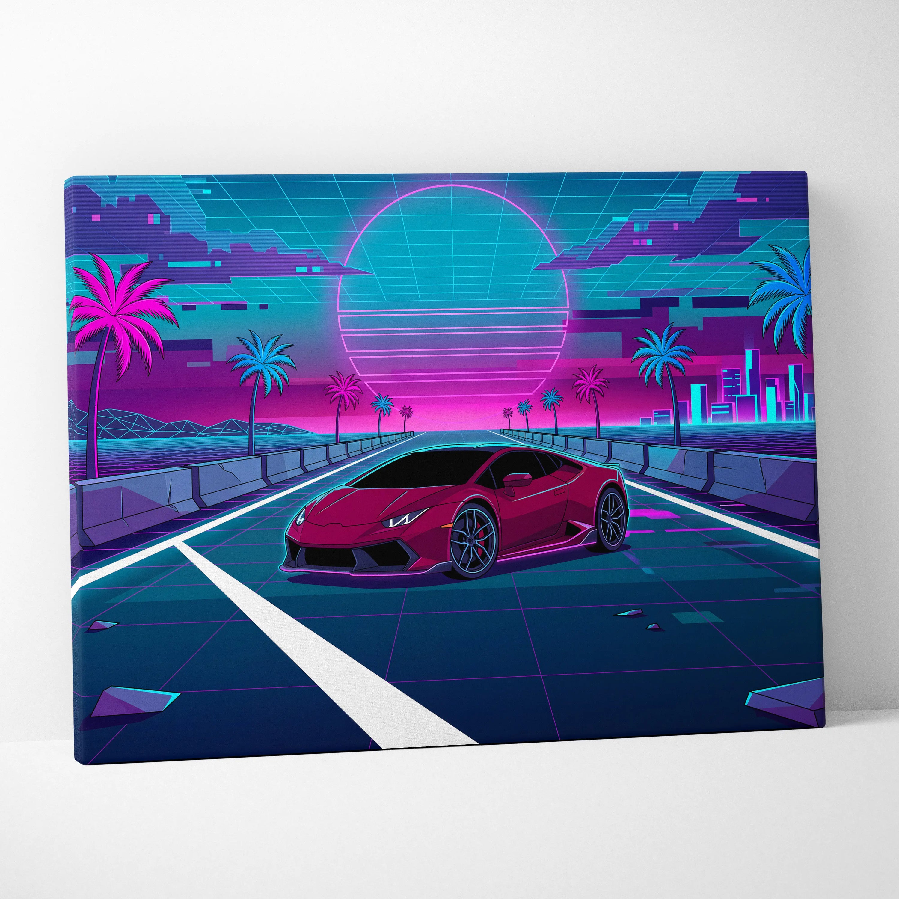 Lamborghini Huracan Inspired Red Teal Canvas Wall Art, Neon Vaporwave Supercar Artwork for Retro Futuristic Garage Decor