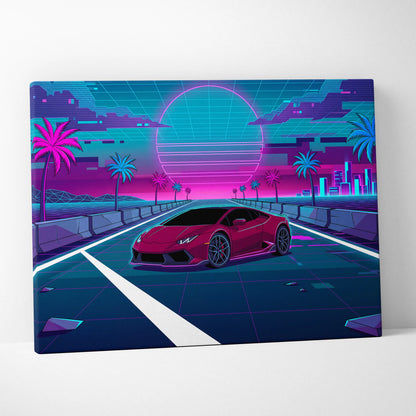 Lamborghini Huracan Inspired Red Teal Canvas Wall Art, Neon Vaporwave Supercar Artwork for Retro Futuristic Garage Decor