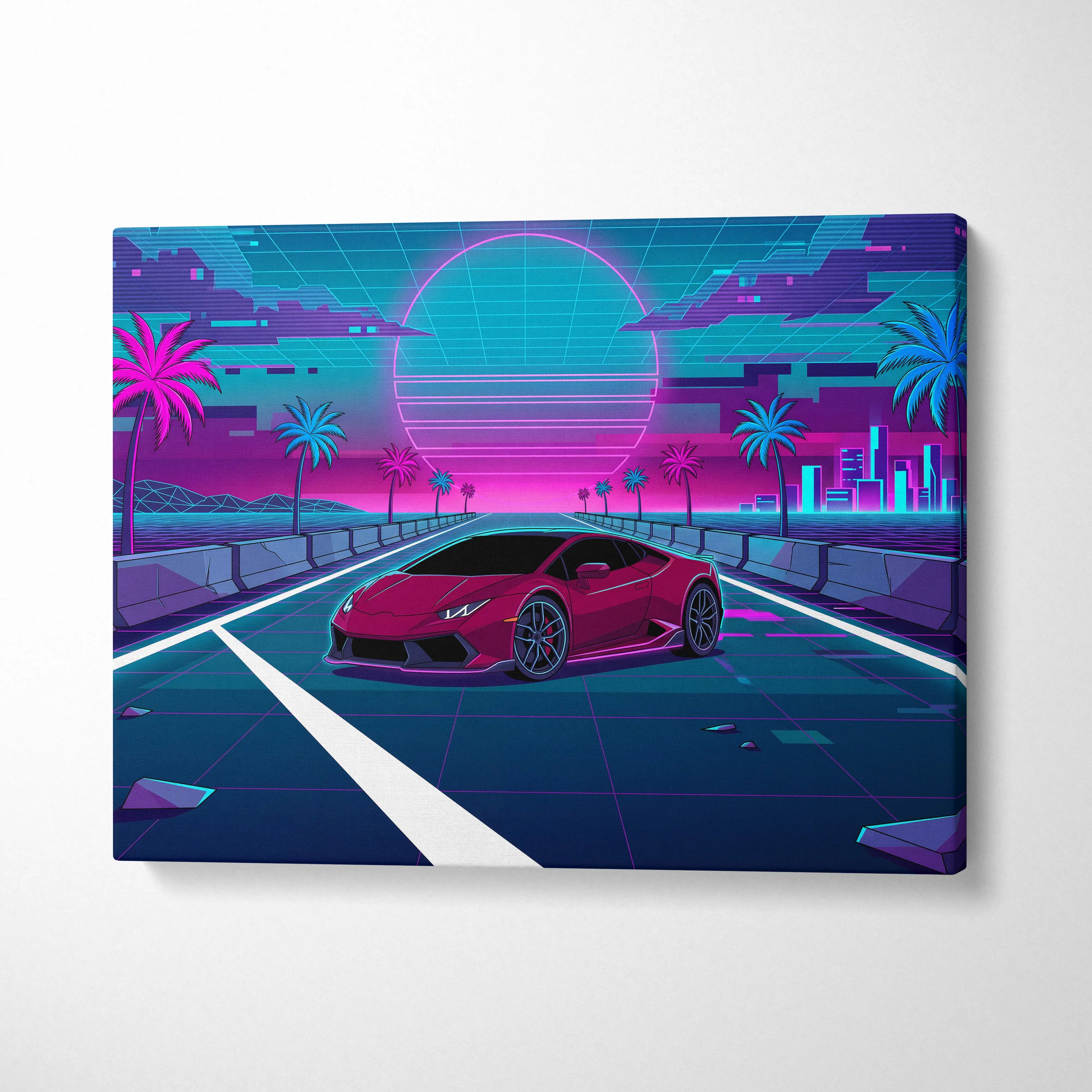 Lamborghini Huracan Inspired Red Teal Canvas Wall Art, Neon Vaporwave Supercar Artwork for Retro Futuristic Garage Decor