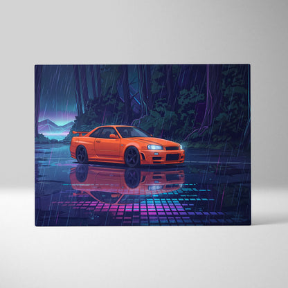 Nissan Skyline GT-R R34 Inspired Orange Purple Canvas Wall Art, Vaporwave JDM Artwork, Rainy Forest Neon Decor, Retro Futuristic Car Print
