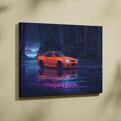 Nissan Skyline GT-R R34 Inspired Orange Purple Canvas Wall Art, Vaporwave JDM Artwork, Rainy Forest Neon Decor, Retro Futuristic Car Print