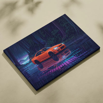 Nissan Skyline GT-R R34 Inspired Orange Purple Canvas Wall Art, Vaporwave JDM Artwork, Rainy Forest Neon Decor, Retro Futuristic Car Print