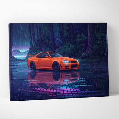 Nissan Skyline GT-R R34 Inspired Orange Purple Canvas Wall Art, Vaporwave JDM Artwork, Rainy Forest Neon Decor, Retro Futuristic Car Print