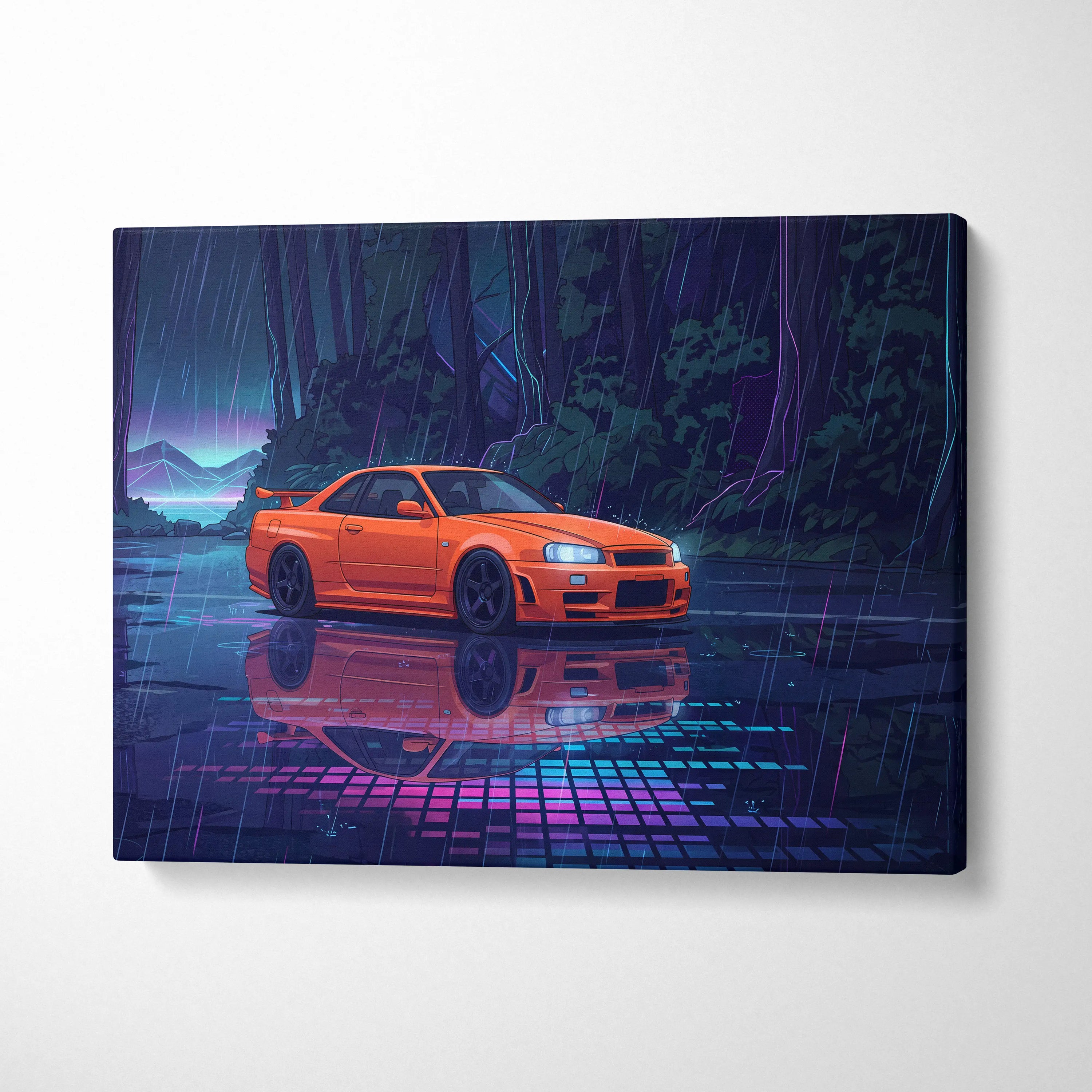 Nissan Skyline GT-R R34 Inspired Orange Purple Canvas Wall Art, Vaporwave JDM Artwork, Rainy Forest Neon Decor, Retro Futuristic Car Print