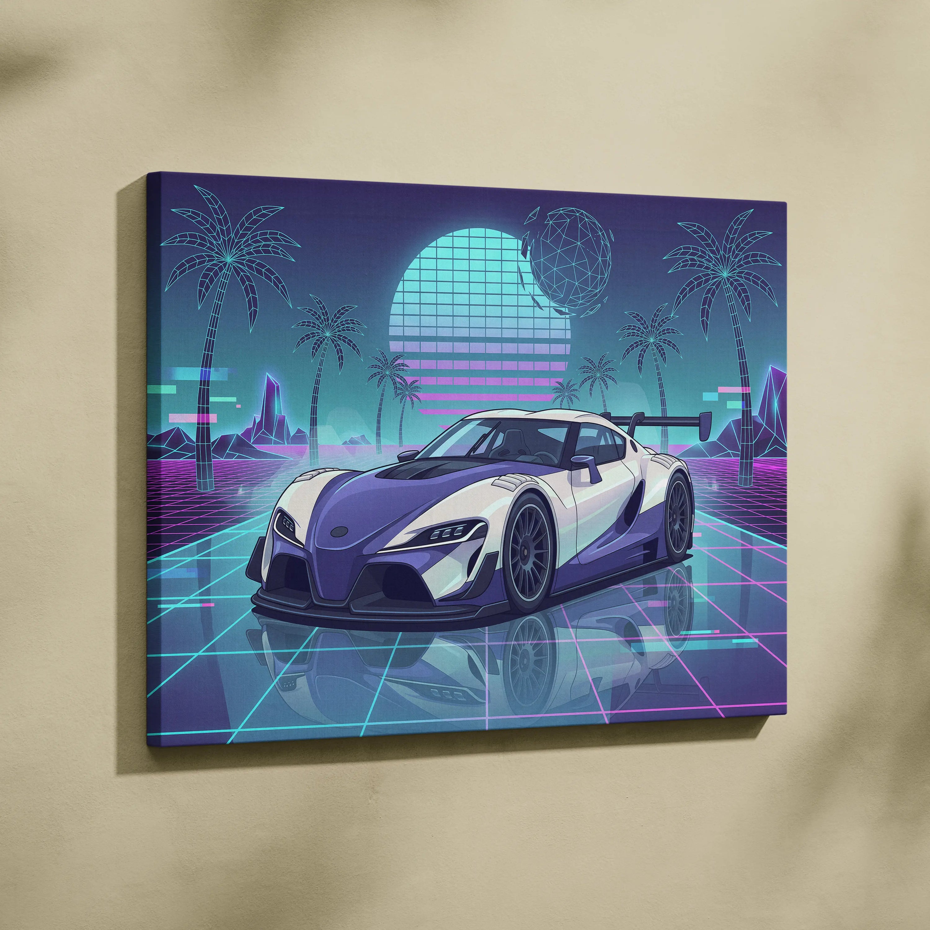 Toyota GR Supra Inspired White Teal Canvas Wall Art Vaporwave Sports Car Artwork Neon Palm Garage Decor Retro Futuristic JDM Print