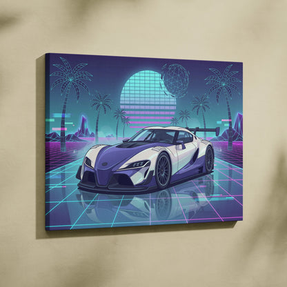 Toyota GR Supra Inspired White Teal Canvas Wall Art Vaporwave Sports Car Artwork Neon Palm Garage Decor Retro Futuristic JDM Print