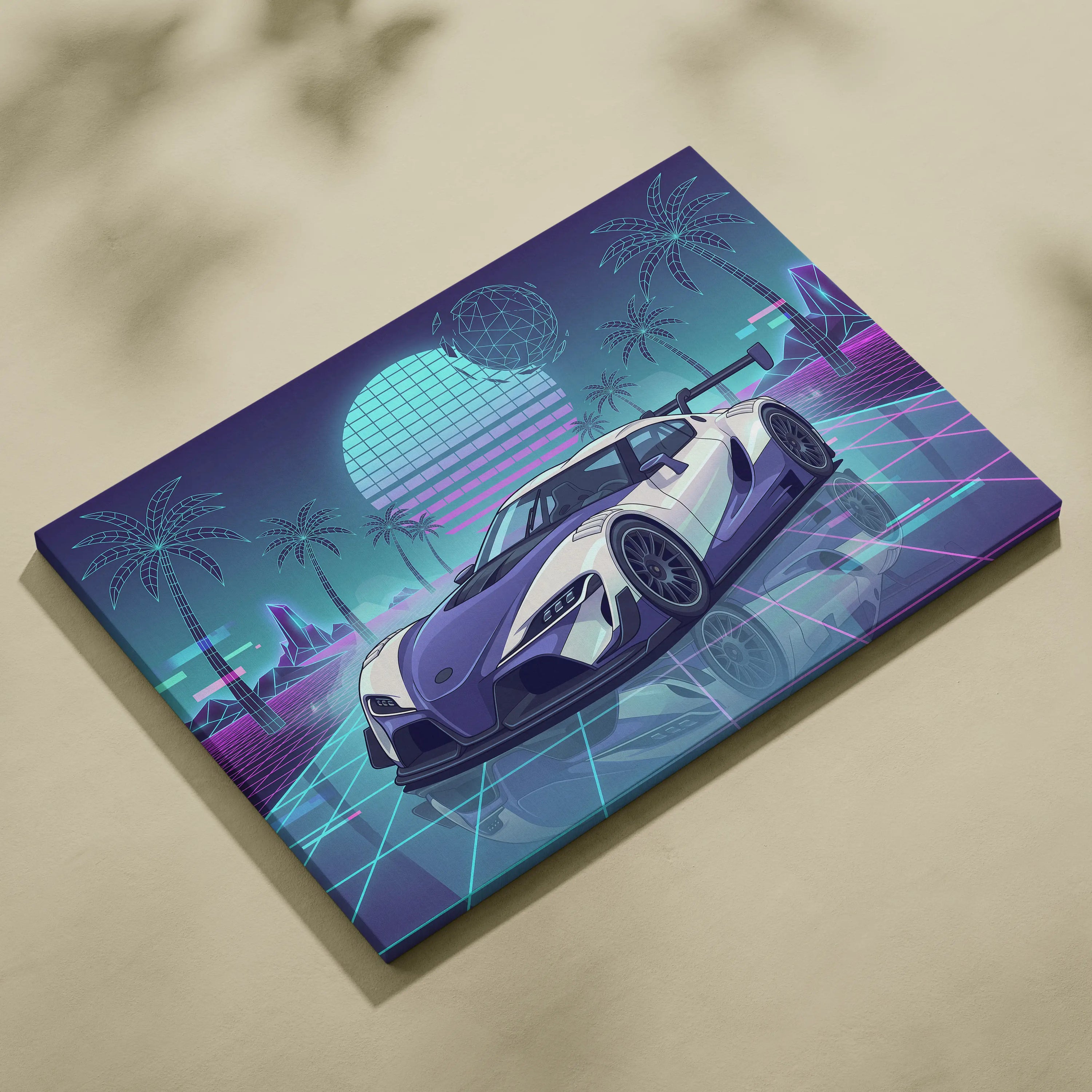 Toyota GR Supra Inspired White Teal Canvas Wall Art Vaporwave Sports Car Artwork Neon Palm Garage Decor Retro Futuristic JDM Print