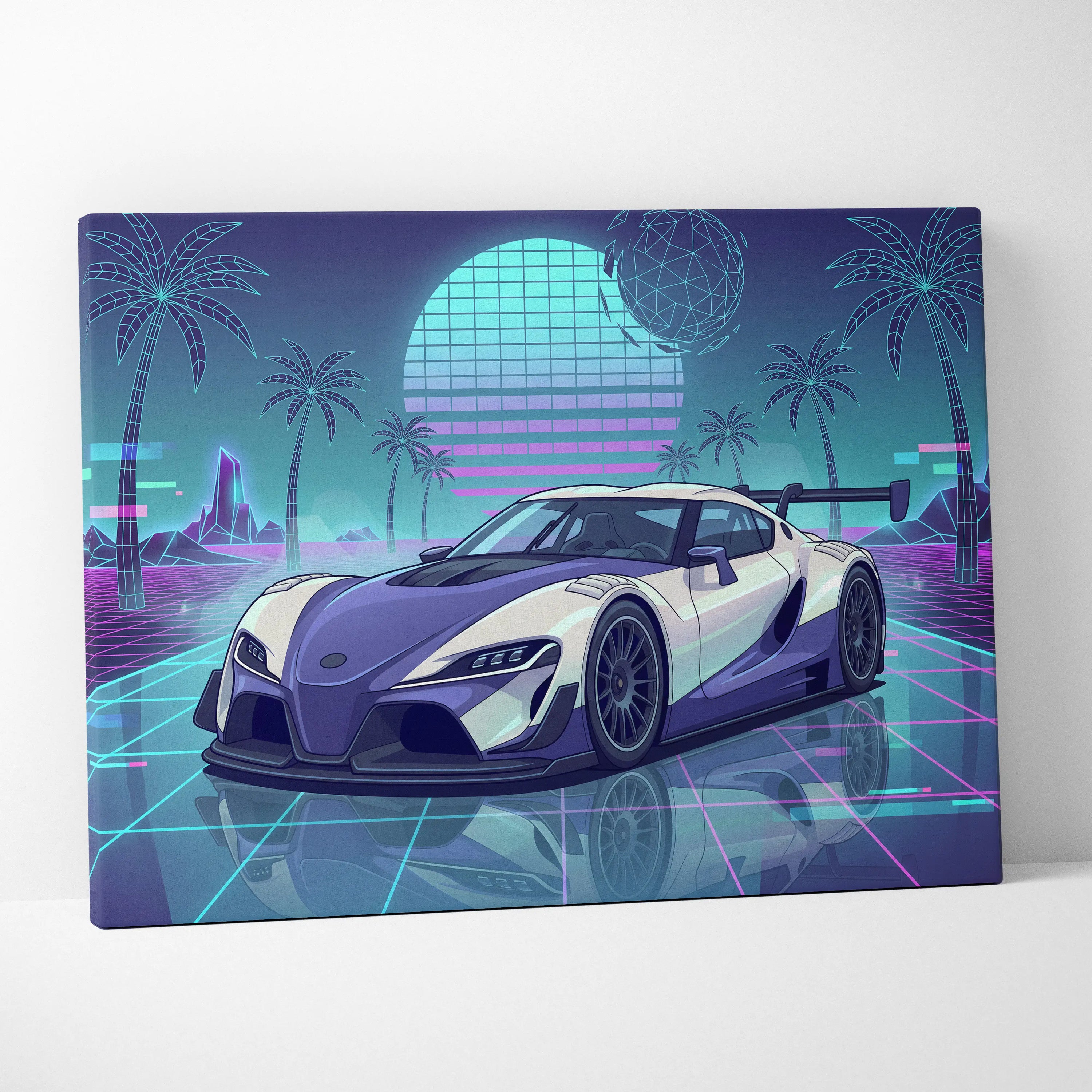Toyota GR Supra Inspired White Teal Canvas Wall Art Vaporwave Sports Car Artwork Neon Palm Garage Decor Retro Futuristic JDM Print