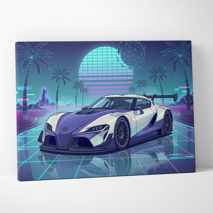 Toyota GR Supra Inspired White Teal Canvas Wall Art Vaporwave Sports Car Artwork Neon Palm Garage Decor Retro Futuristic JDM Print