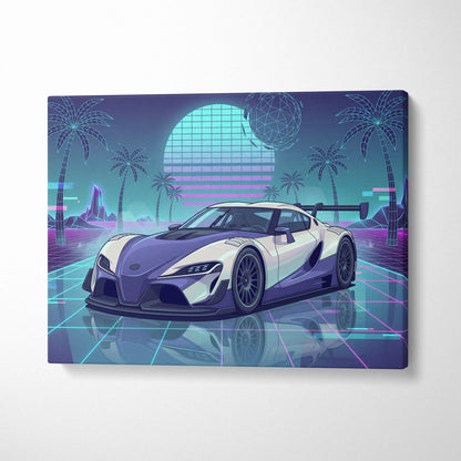Toyota GR Supra Inspired White Teal Canvas Wall Art Vaporwave Sports Car Artwork Neon Palm Garage Decor Retro Futuristic JDM Print