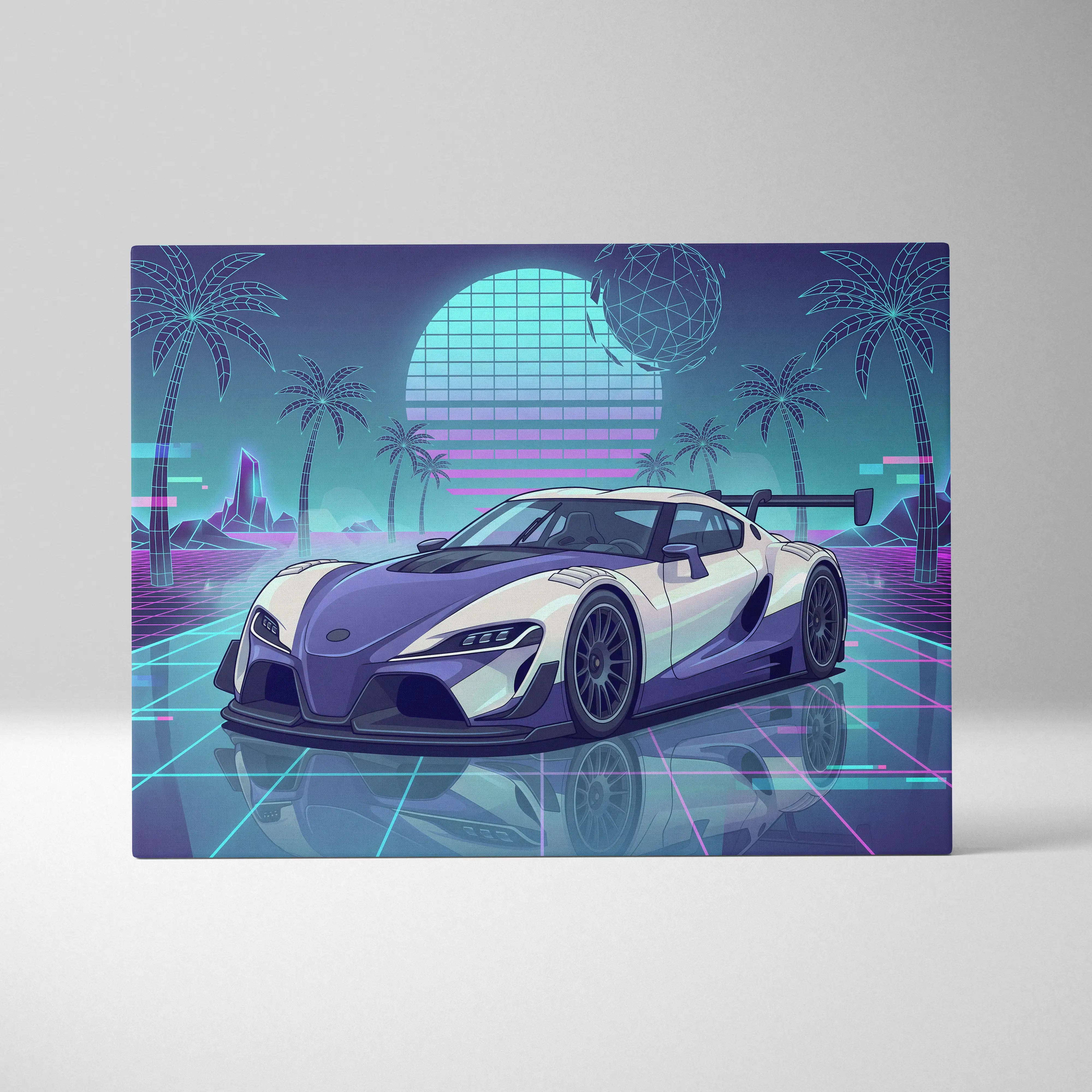 Toyota GR Supra Inspired White Teal Canvas Wall Art Vaporwave Sports Car Artwork Neon Palm Garage Decor Retro Futuristic JDM Print