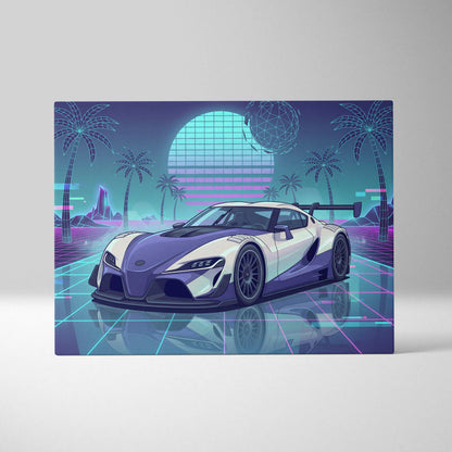 Toyota GR Supra Inspired White Teal Canvas Wall Art Vaporwave Sports Car Artwork Neon Palm Garage Decor Retro Futuristic JDM Print