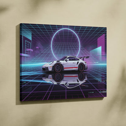 Porsche 911 GT3 RS Inspired White Purple Canvas Wall Art Vaporwave Neon Grid Sports Car Artwork, Cyberpunk Garage Decor
