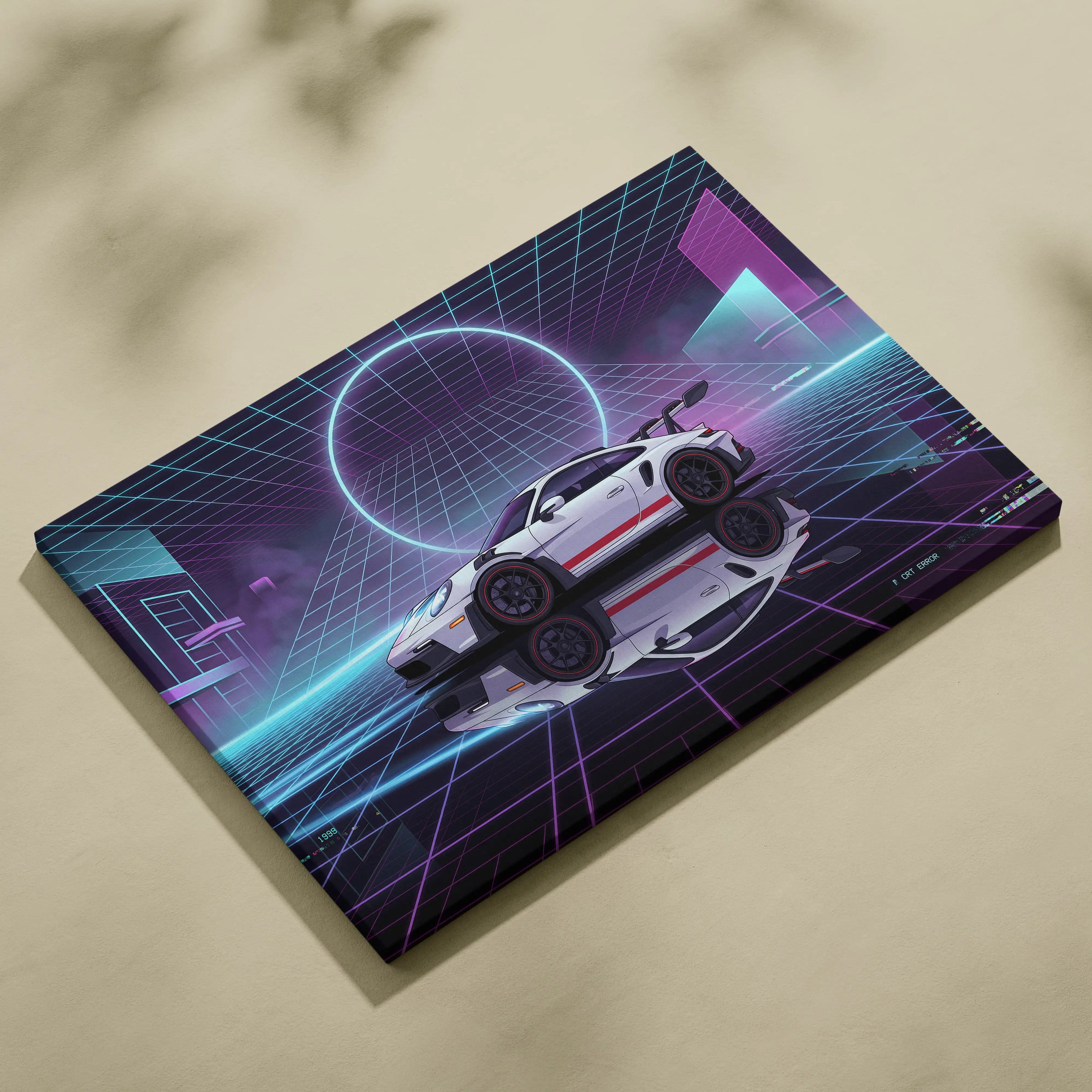 Porsche 911 GT3 RS Inspired White Purple Canvas Wall Art Vaporwave Neon Grid Sports Car Artwork, Cyberpunk Garage Decor