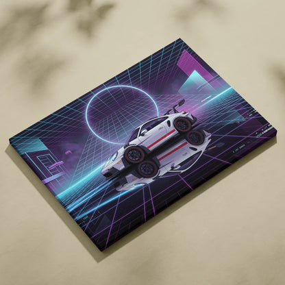 Porsche 911 GT3 RS Inspired White Purple Canvas Wall Art Vaporwave Neon Grid Sports Car Artwork, Cyberpunk Garage Decor