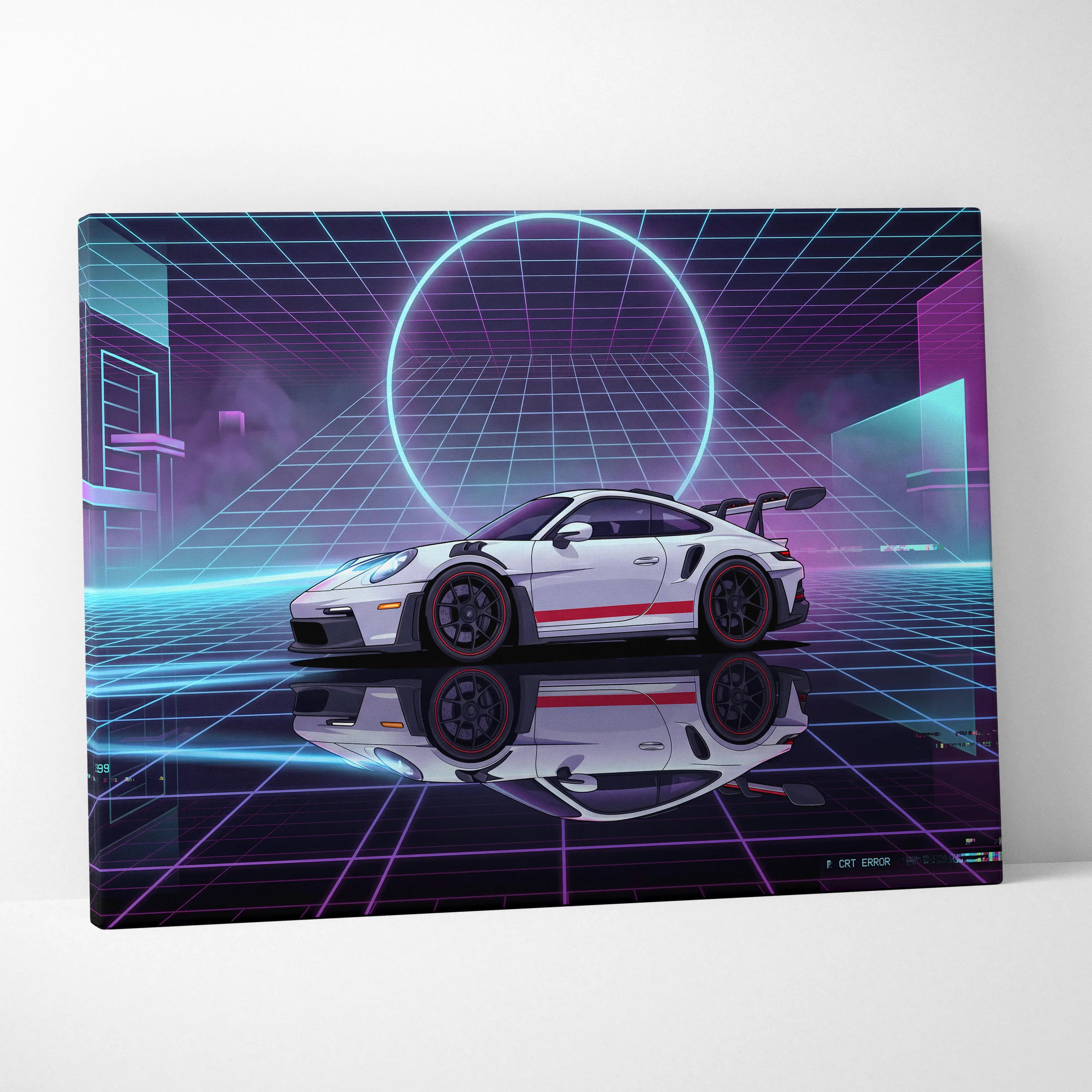 Porsche 911 GT3 RS Inspired White Purple Canvas Wall Art Vaporwave Neon Grid Sports Car Artwork, Cyberpunk Garage Decor