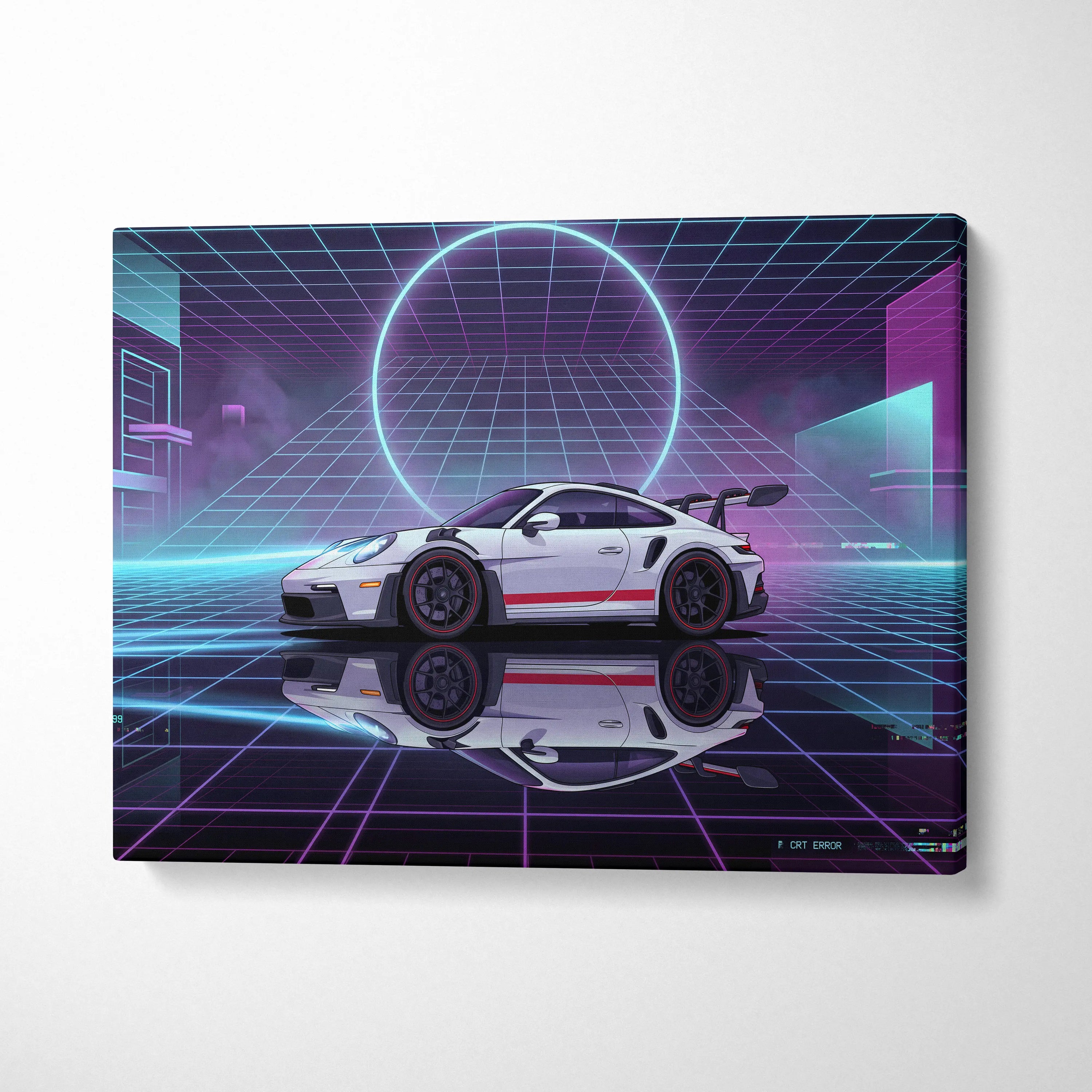 Porsche 911 GT3 RS Inspired White Purple Canvas Wall Art Vaporwave Neon Grid Sports Car Artwork, Cyberpunk Garage Decor