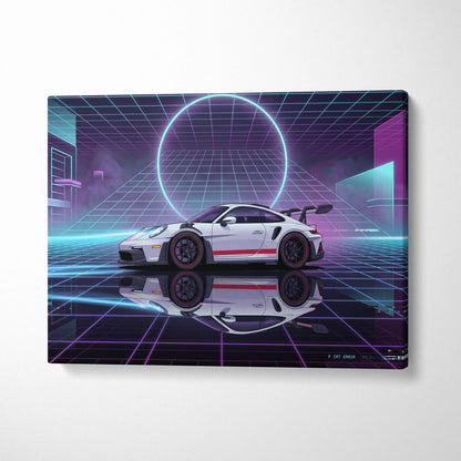 Porsche 911 GT3 RS Inspired White Purple Canvas Wall Art Vaporwave Neon Grid Sports Car Artwork, Cyberpunk Garage Decor