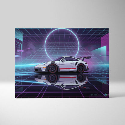 Porsche 911 GT3 RS Inspired White Purple Canvas Wall Art Vaporwave Neon Grid Sports Car Artwork, Cyberpunk Garage Decor