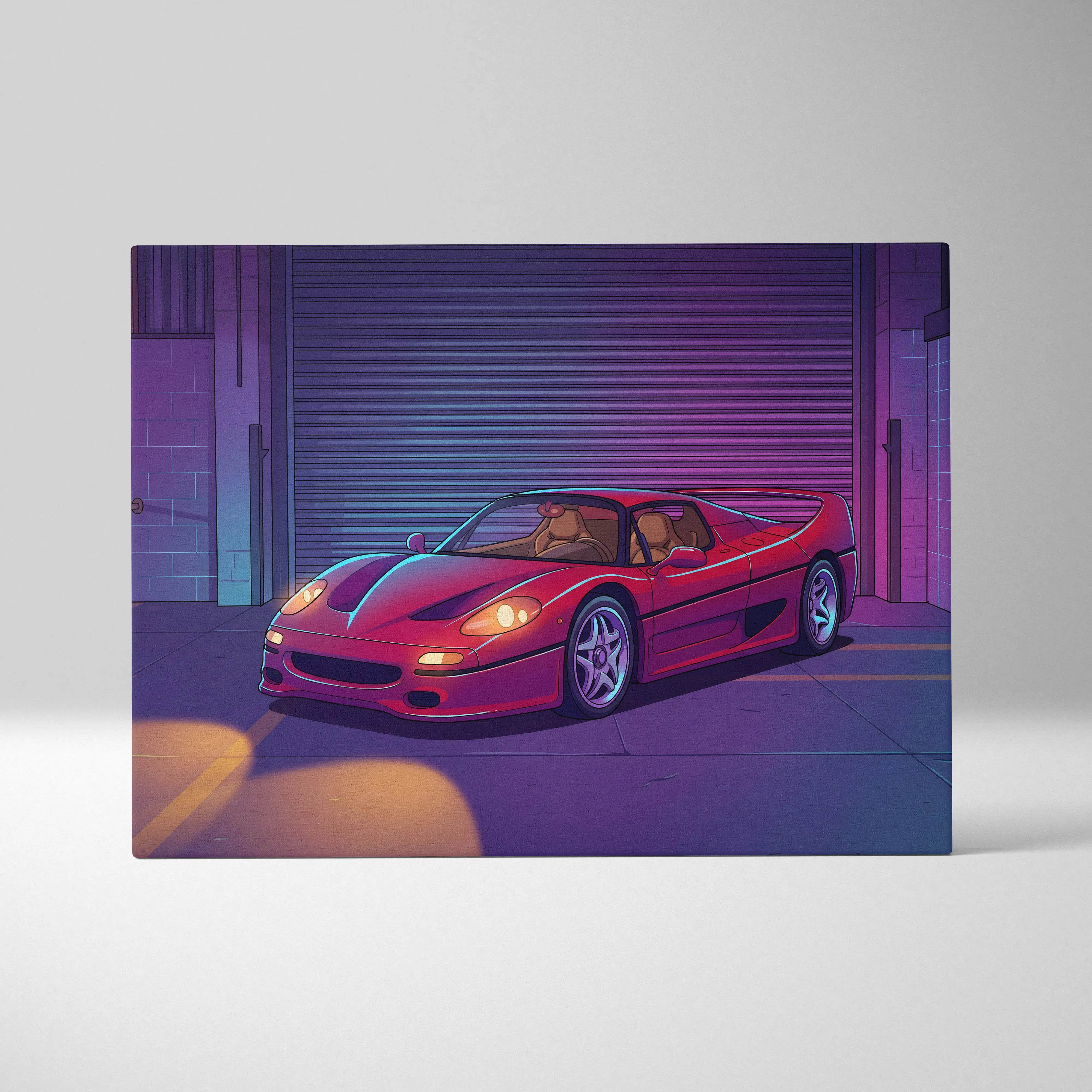 A vibrant red ferrari f50 sports car illustration with glowing headlights on purple canvas wall art for neon garage decor
