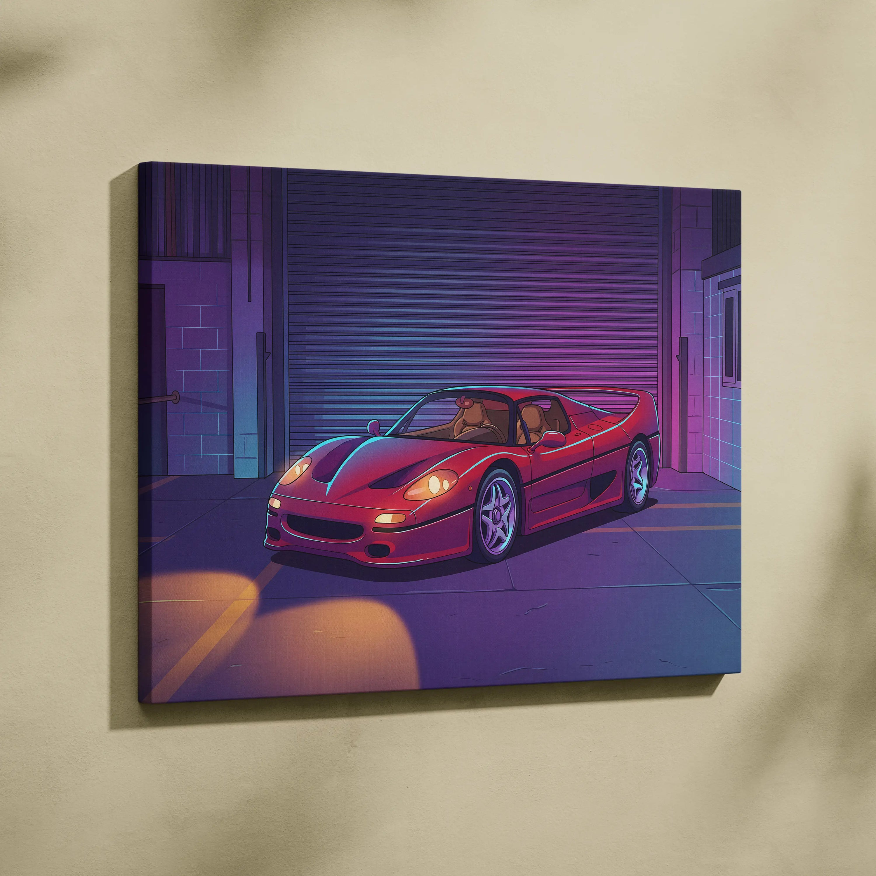 Ferrari F50 Inspired Red Purple Canvas Wall Art, Vaporwave Supercar Artwork, Neon Garage Decor, Retro Futuristic Exotic Car Print