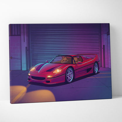 Ferrari F50 Inspired Red Purple Canvas Wall Art, Vaporwave Supercar Artwork, Neon Garage Decor, Retro Futuristic Exotic Car Print