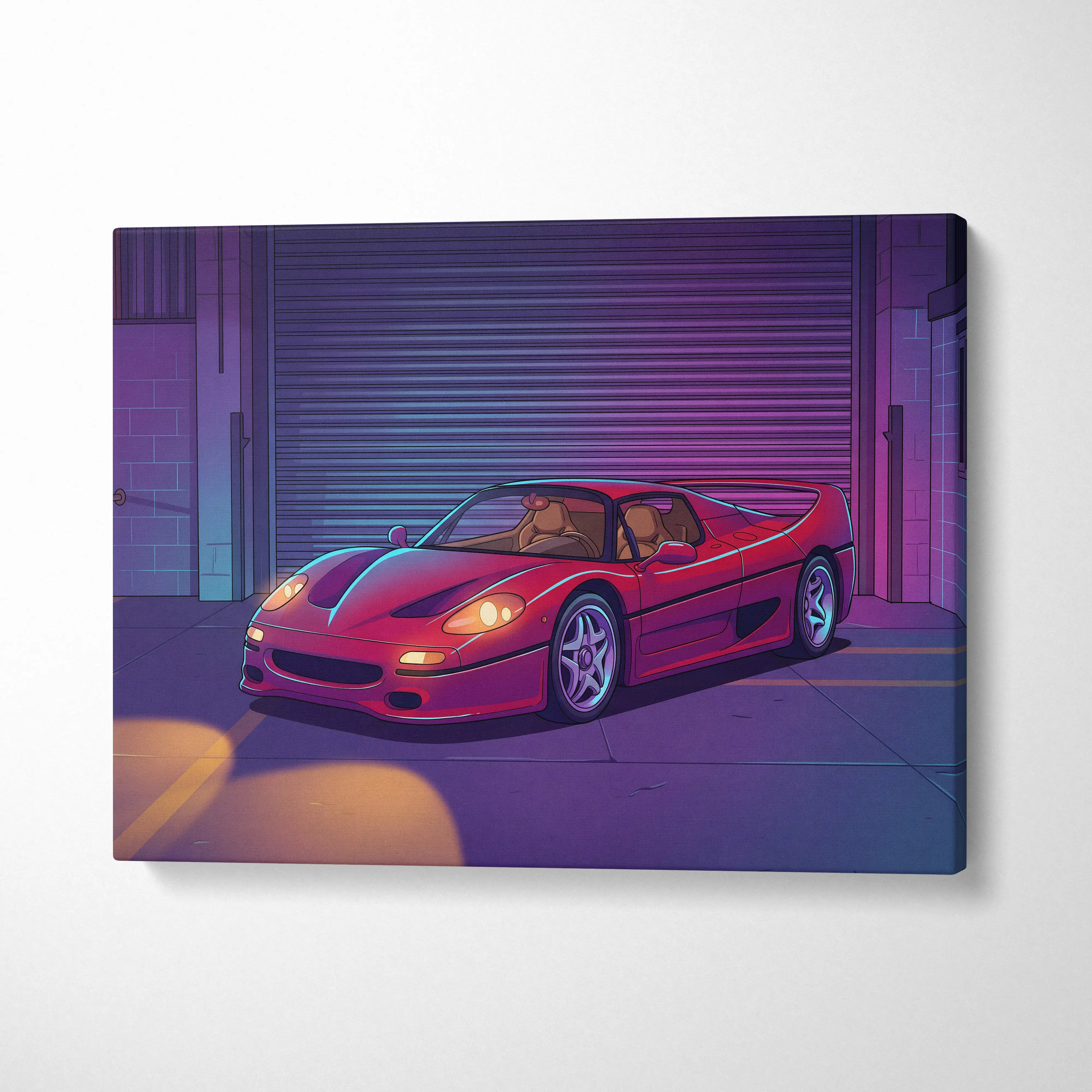 Vibrant red ferrari f50 sports car illustration printed on canvas as retro futuristic neon garage wall art