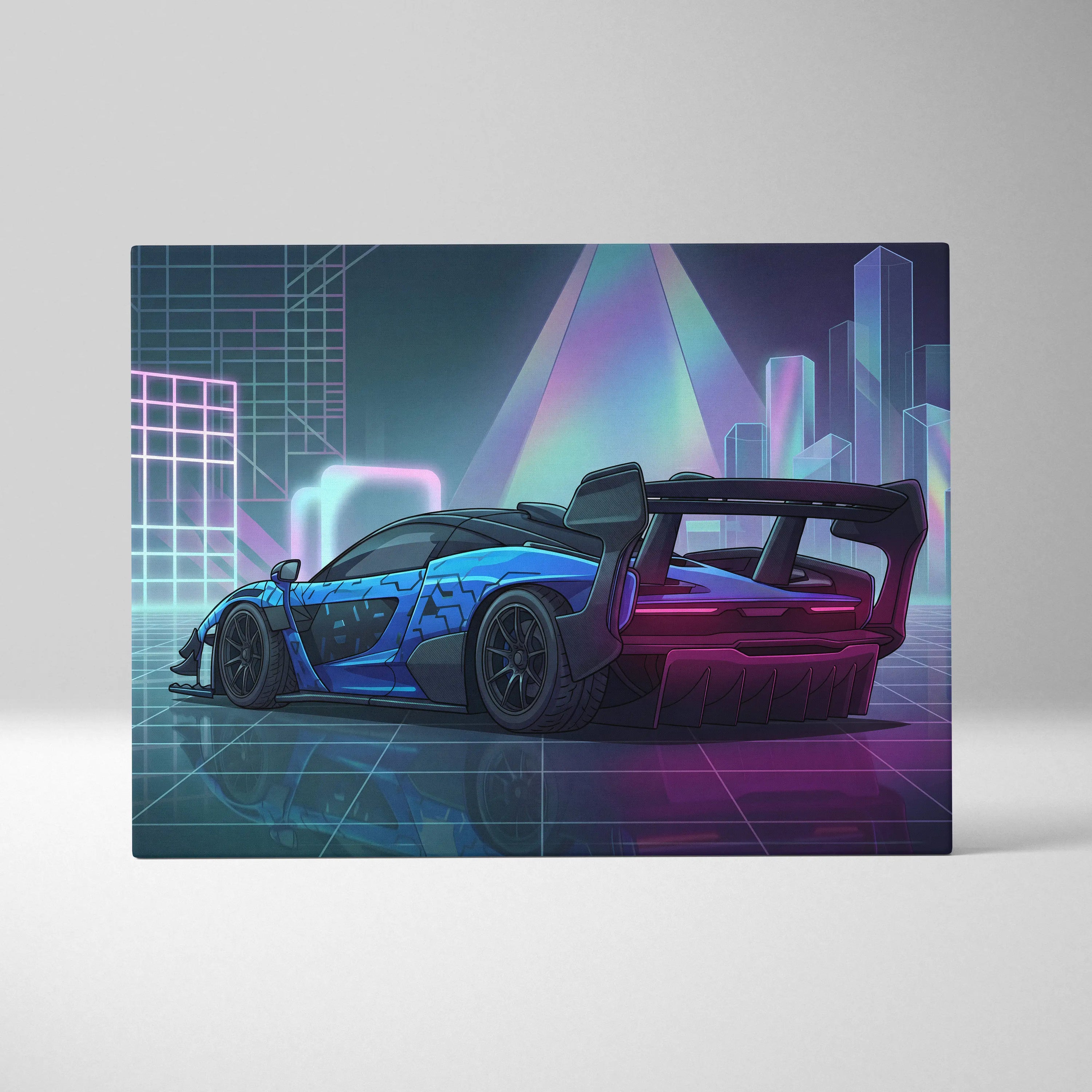 McLaren Senna GTR Inspired Blue Purple Canvas Wall Art, Vaporwave Track Car Artwork, Neon Grid Garage Decor, Retro Futuristic Motorsport Print