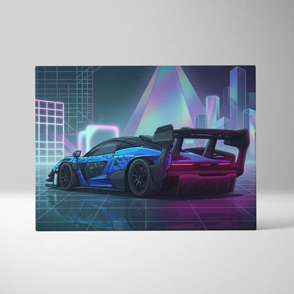 McLaren Senna GTR Inspired Blue Purple Canvas Wall Art, Vaporwave Track Car Artwork, Neon Grid Garage Decor, Retro Futuristic Motorsport Print