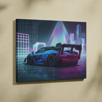 McLaren Senna GTR Inspired Blue Purple Canvas Wall Art, Vaporwave Track Car Artwork, Neon Grid Garage Decor, Retro Futuristic Motorsport Print